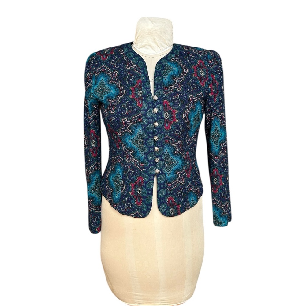 Vintage J.S.J Petites Blue/Pink Quilted Celtic Pattern Blazer Jacket Cropped S